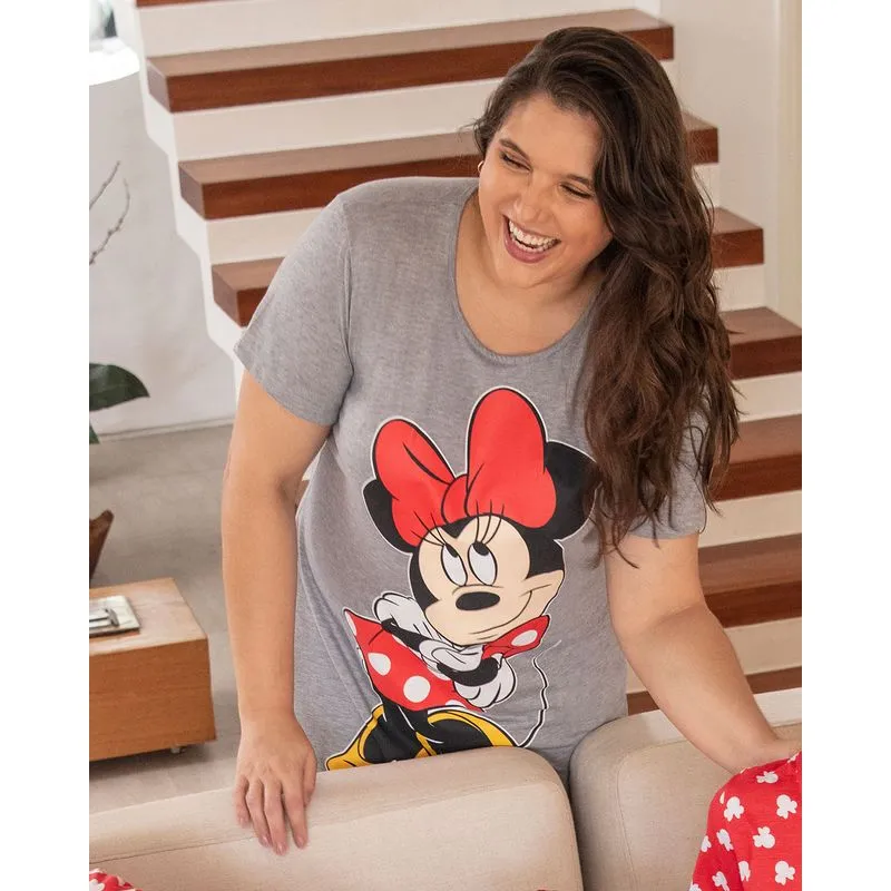 Camisola Plus Size Estampa Minnie Disney Cinza Claro G2