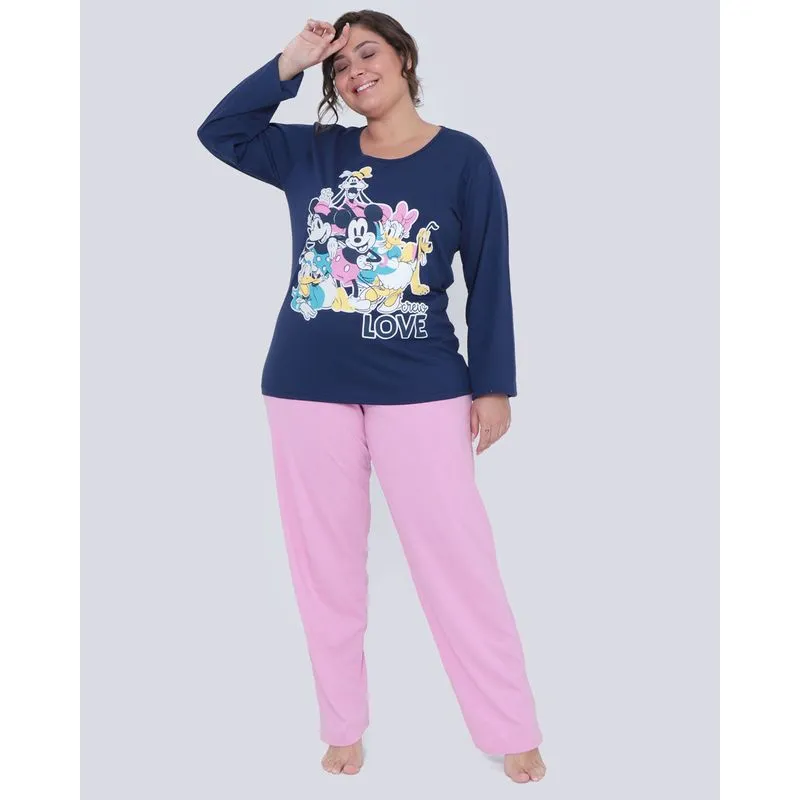 Pijama Plus Size Feminino Longo Mickey Disney Azul Marinho 50