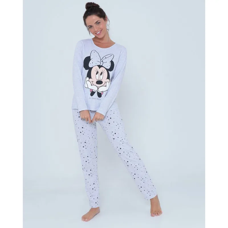 Pijama Feminino Longo Estrelas Minnie Disney Mescla Cinza M