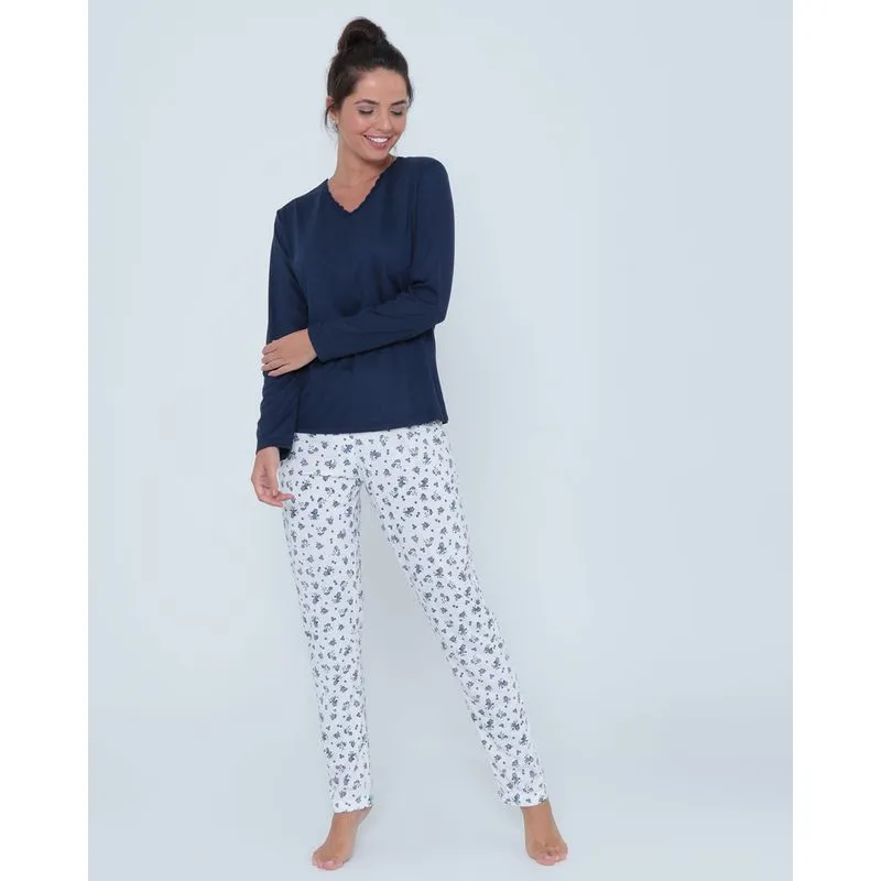 Pijama Feminino Calça Manga Longa Flores Azul Marinho G