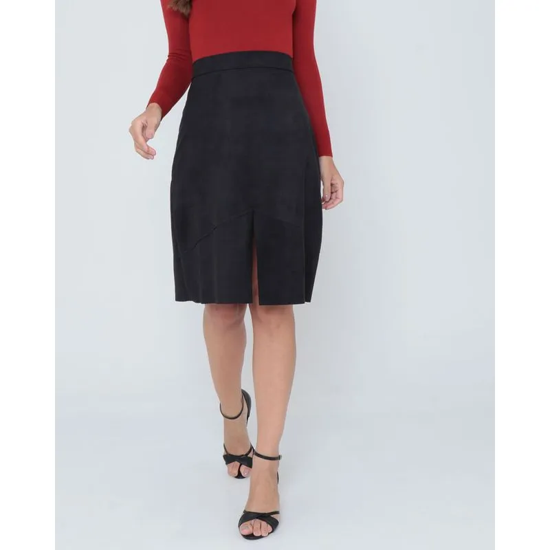 Saia Midi Suede Fenda Preta M