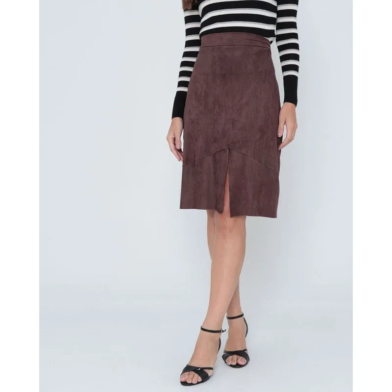 Saia Midi Suede Fenda Marrom G