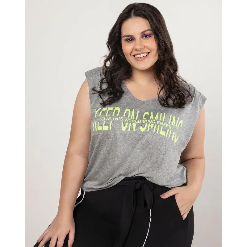 Regata Feminina Plus Size Muscle Estampa Mescla Cinza G3