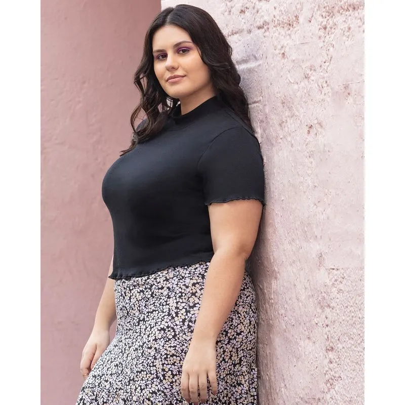 Blusa Plus Size Canelada Gola Alta Preta G2