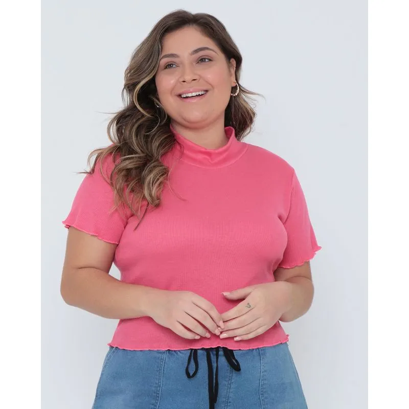 Blusa Plus Size Frufru Gola Alta Rosa G1