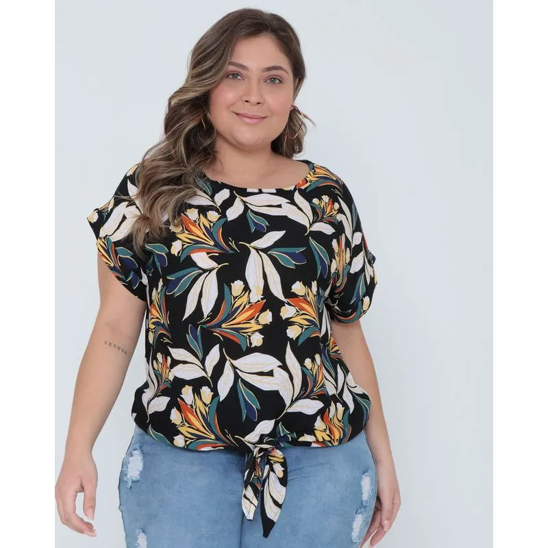 Blusa Plus Size Estampa Folhagem Azul Marinho G1