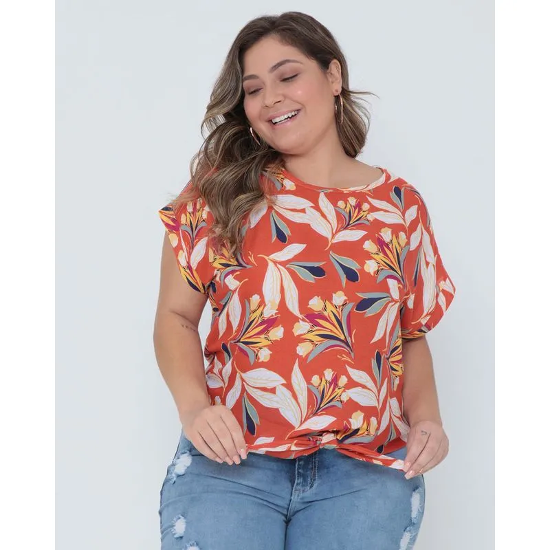 Blusa Plus Size Estampa Folhagem Laranja G2