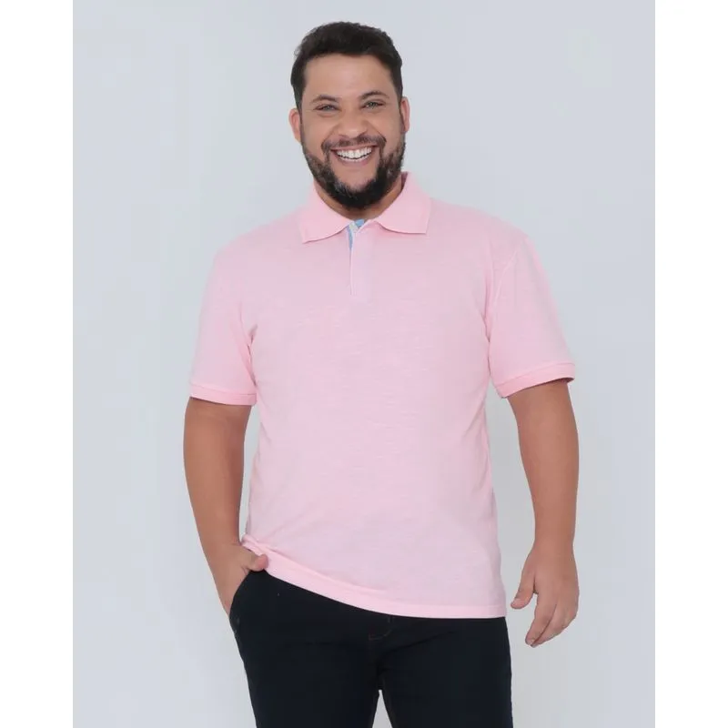 Polo Masculina Plus Size Piquet Rosa Claro G3