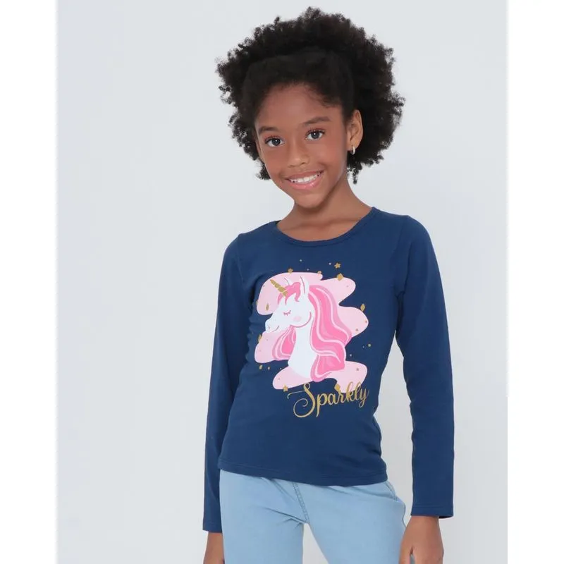 Blusa Infantil Estampa Unicórnio Azul Marinho 4