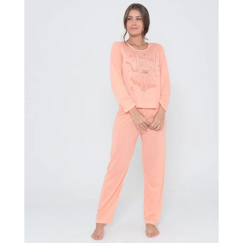 Pijama Longo Malha Gatinho Laranja G