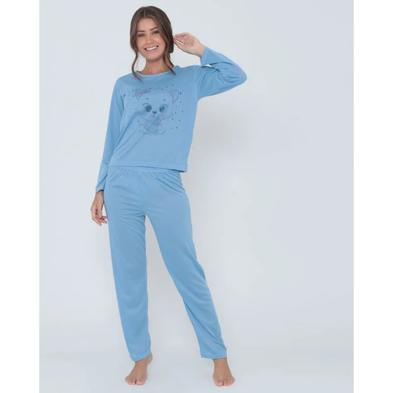 Pijama Longo Malha Gatinho Azul Royal M