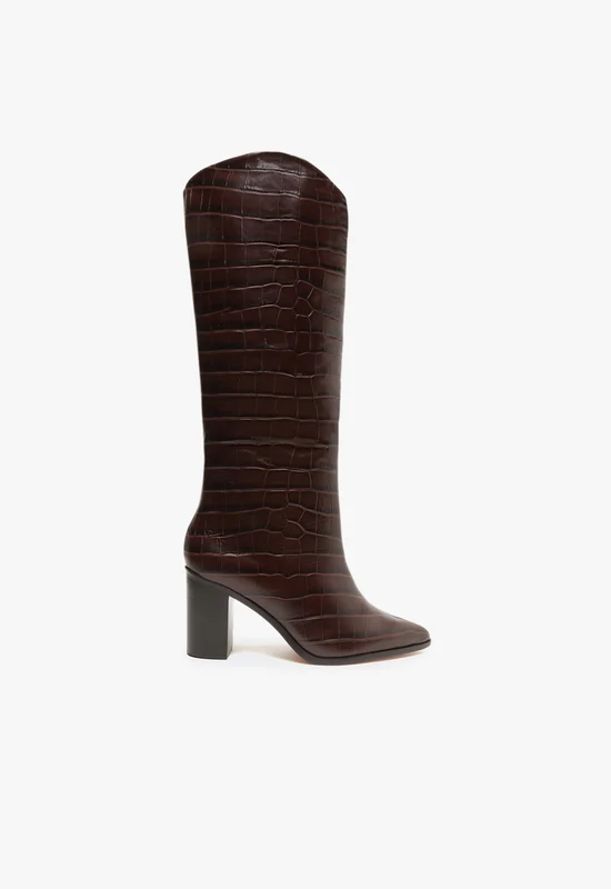Maryana Block Boot 9.5 / Dark Chocolate / Crocodile Effect Leather