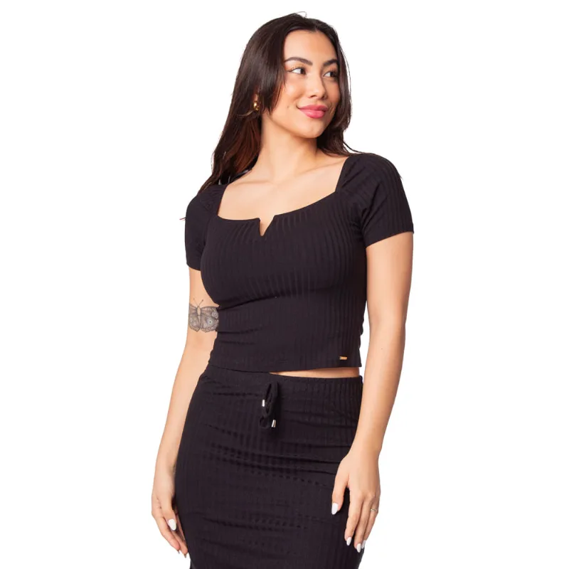 Blusa Feminina Cativa Canelada Decote V Preto - P