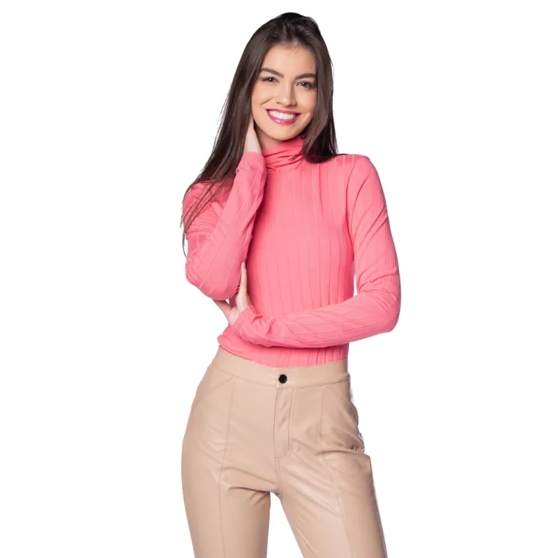 Blusa Feminina Cativa Canelada Gola Alta Rosa - G