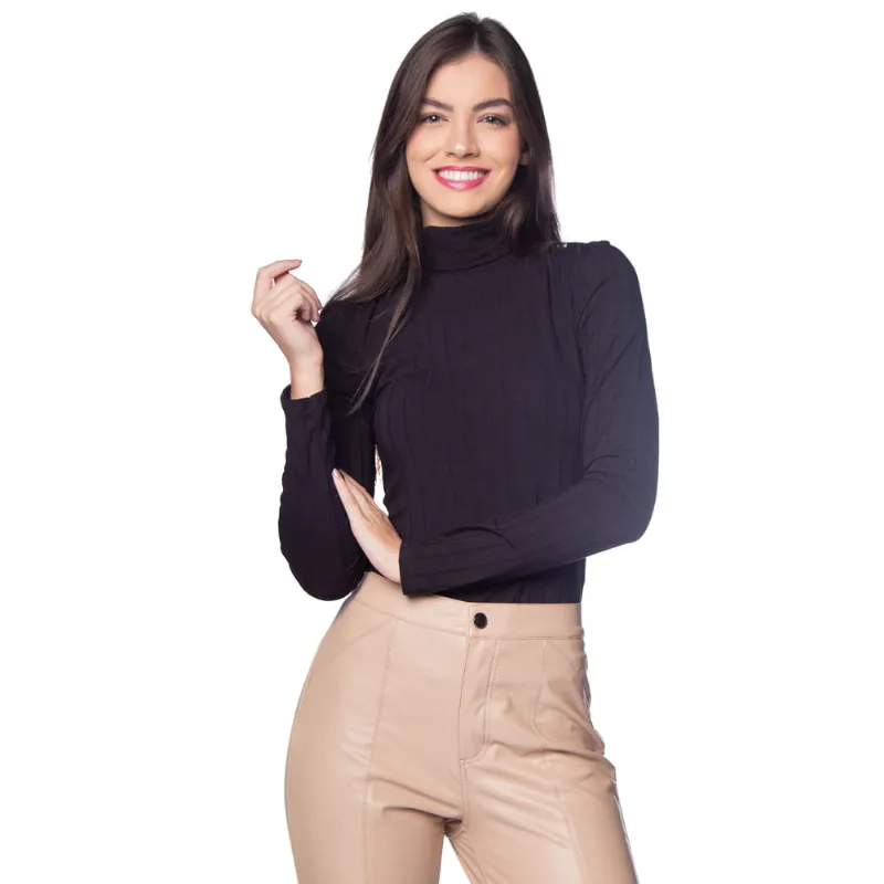 Blusa Feminina Cativa Canelada Gola Alta Preto - P