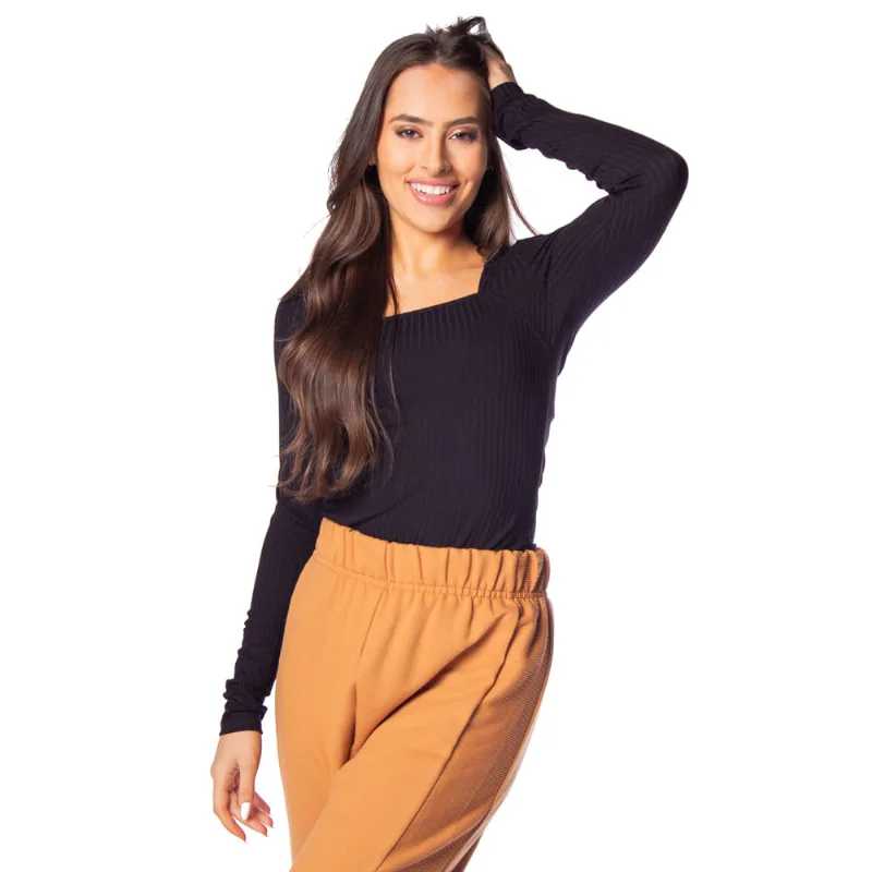 Blusa Feminina Cativa Canelada Decote Reto Preto - M