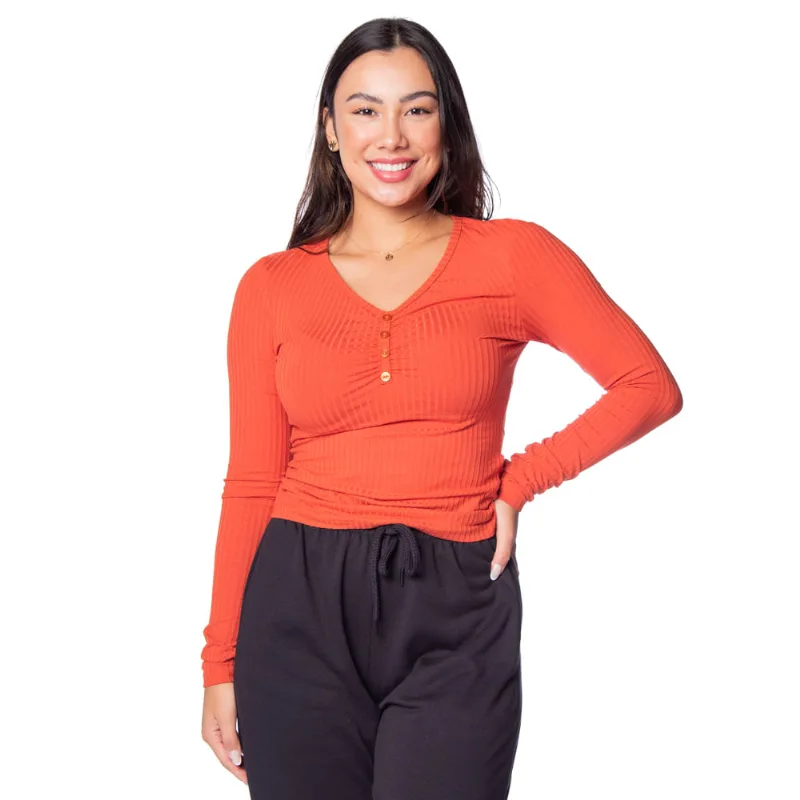 Blusa Feminina Cativa Canelada com Botões Laranja - M