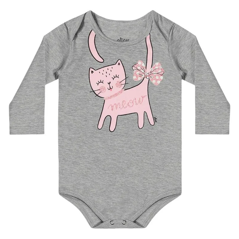 Body Bebê Elian Cat Meoro Manga Longa Feminino - Bebê Menina - Cinza+Rosa