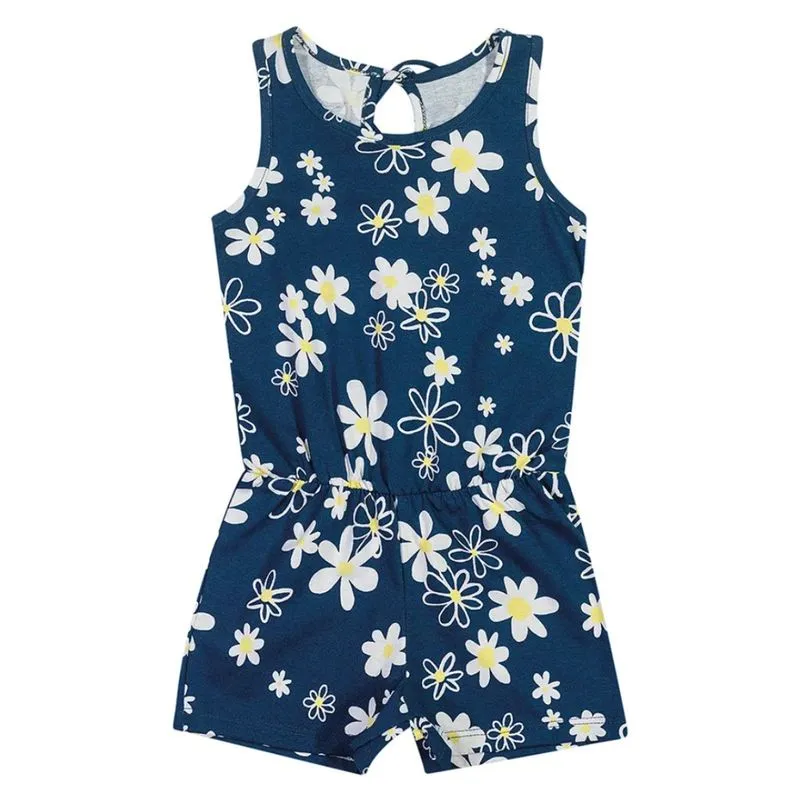 Macacão Infantil Menina Malha Margaridas Azul Marinho -elian