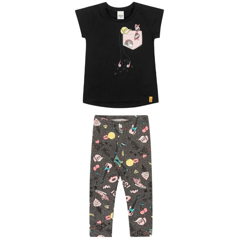 Conjunto Elian Infantil Menina Verão com Estampa Bolsinho 1/3 - 231496-PRETO-3