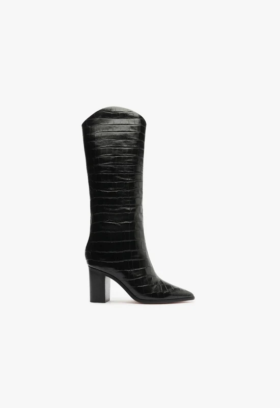 Maryana Block Wide Crocodile Boot 5.5 / Black / Crocodile-Embossed Leather