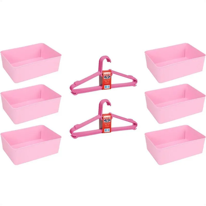 Kit 6 Cestos Multiuso E 10 Cabides Infantil Reforçado Rosa