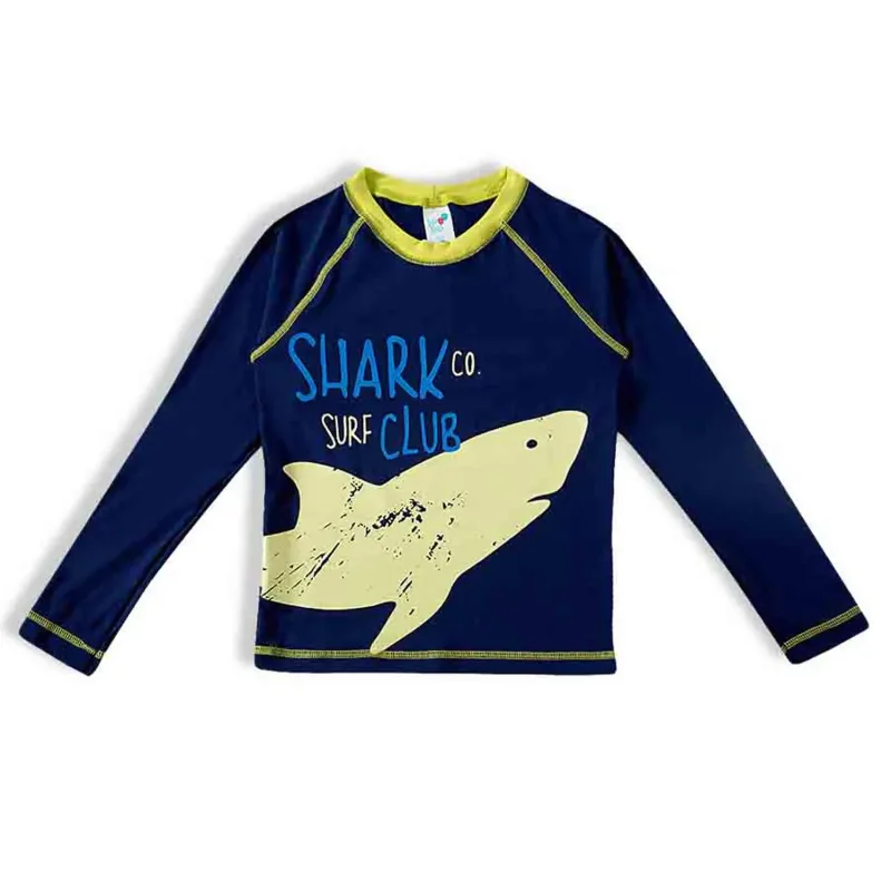 Camiseta Infantil Proteção Solar Azul Tubarão Manga Longa Tip Top
