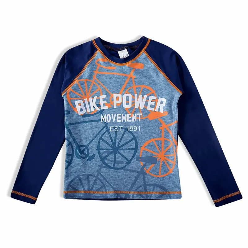 Camiseta Infantil Proteção Solar Azul Bike Power Manga Longa Tip Top