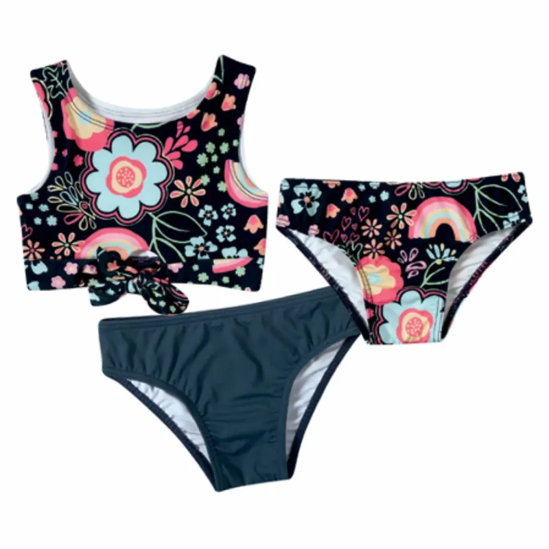 Biquíni Infantil Flores Azul Petróleo com 2 Calcinhas Lisa e Estampada Tip Top