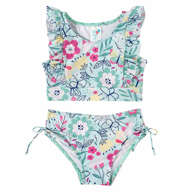 Biquíni Infantil Turquesa Flores Pink Top Babados Tip Top