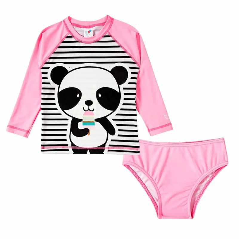 Conjunto Praia Infantil Camiseta e Calcinha Rosa Panda Tip Top