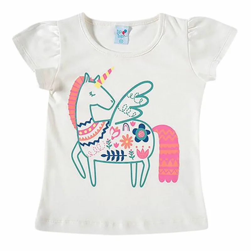 Blusa Infantil Manga Curta Off-White Unicórnio Flores