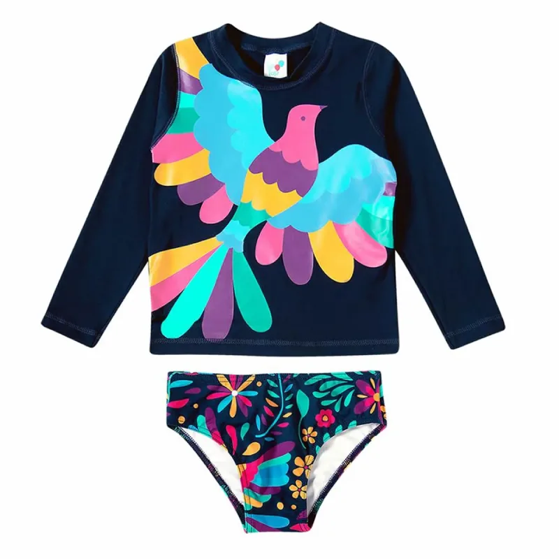 Conjunto Praia Infantil Camiseta e Calcinha Pássaro Colorido Marinho Tip Top