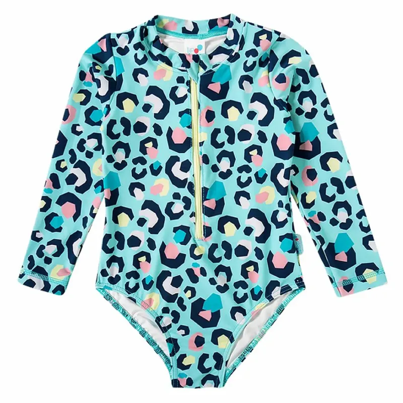 Maiô Body Infantil Manga Longa com Zíper Verde Água Animal Print Tip Top