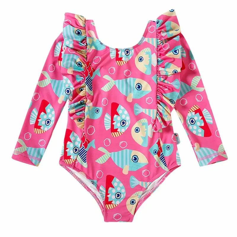 Maiô Body Bebês Rosa Peixinhos com Babados Tip Top