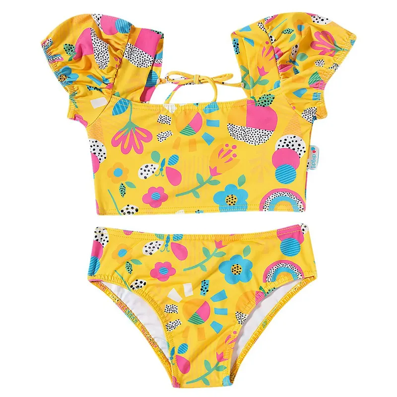Biquíni Infantil Top Manga Curta Amarelo Flores Tip Top