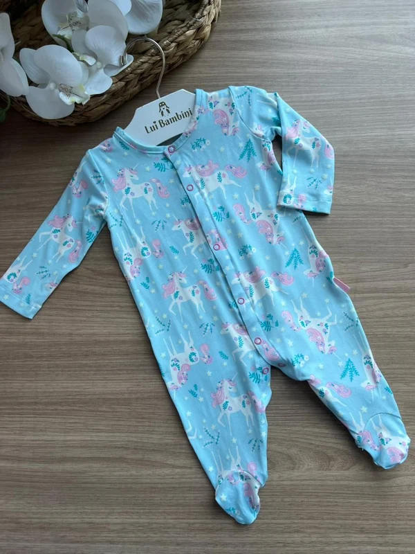 MACACÃO PIJAMA MANGA LONGA UNICÓRNIO ESTAMPADO COM ZIPER MENINA TIP TOP AZUL / 9-12M