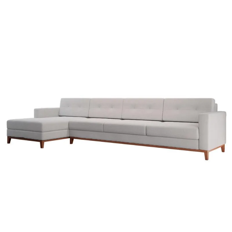 Sofá 4 Lugares Living com Chaise Esquerdo Pés e Base em Madeira Linho Cotton Cru