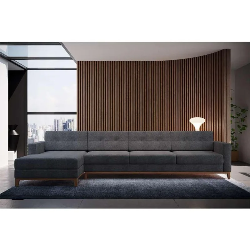 Sofá 4 Lugares Living com Chaise Esquerdo Pés e Base em Madeira Linho Cotton Grafite