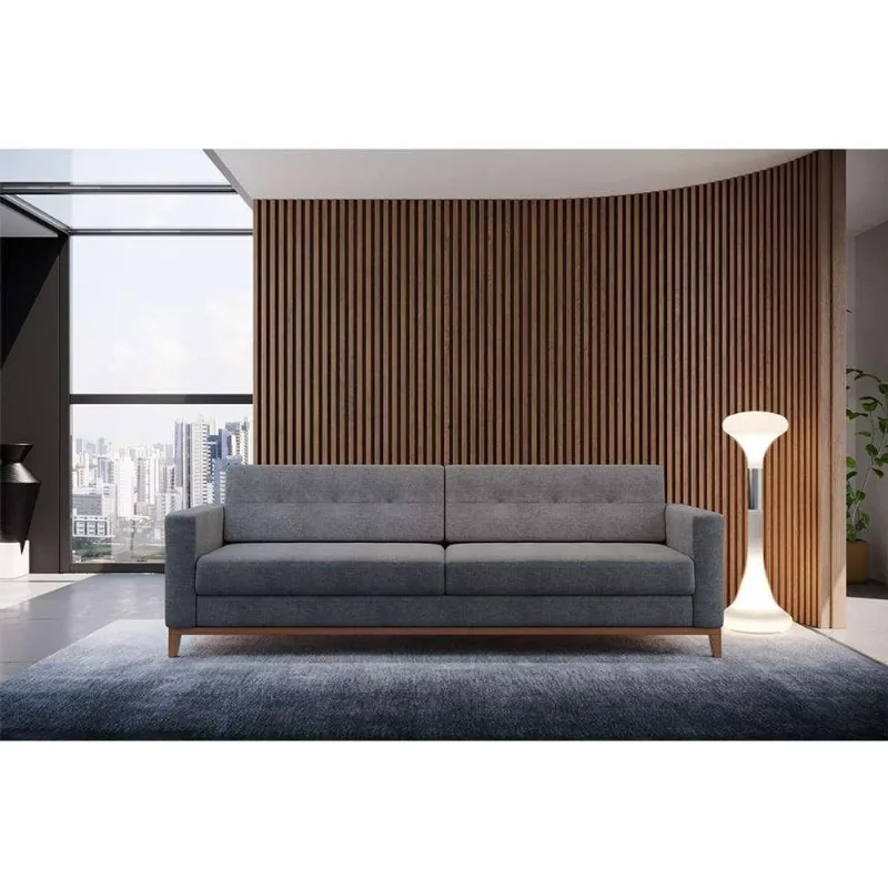 Sofá 3 Lugares Living Base de Madeira Linho Cotton Cinza 210 cm