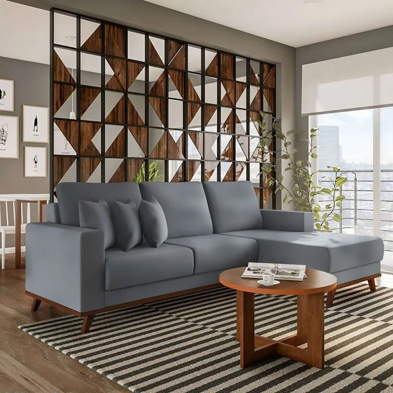 Sofá com Chaise Direito Mobly Bali Veludo Cinza 4 Lugares