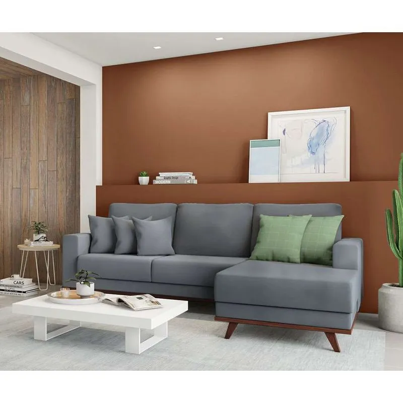 Sofá com Chaise Direito Mobly Sonda 4 Lugares Veludo Cinza