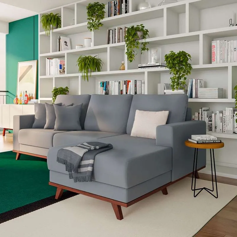 Sofá com Chaise Direito Mobly Kadok 4 Lugares Veludo Cinza