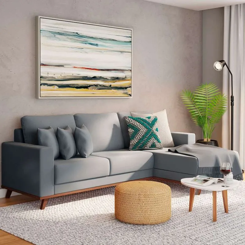 Sofá com Chaise Direito Mobly Utan 4 Lugares Veludo Cinza