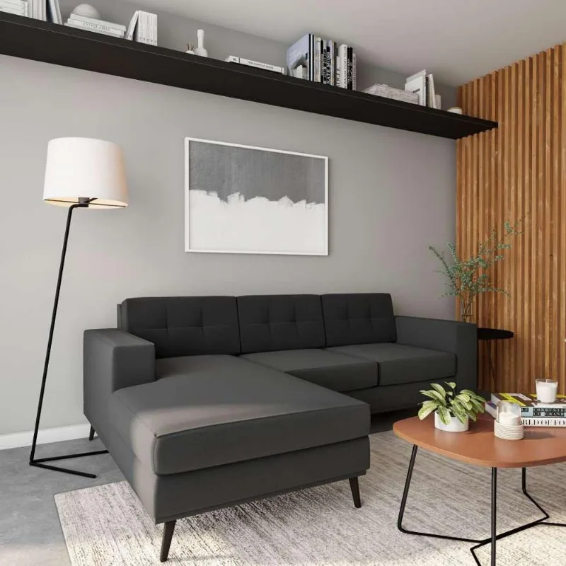 Sofá 3 Lugares Esquerdo Osaka com Chaise Esquerdo Pé Palito Linho Cotton Grafite Escuro
