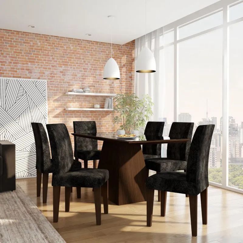 Conjunto de Mesa de Jantar Larissa II com Vidro e 6 Cadeiras Grécia Suede Castor e Preto