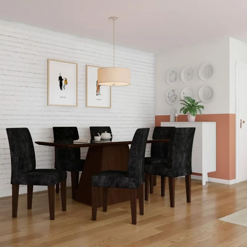 Conjunto de Mesa de Jantar com Vidro e 6 Cadeiras Mobly Maria II Grécia Suede Preto e Castor
