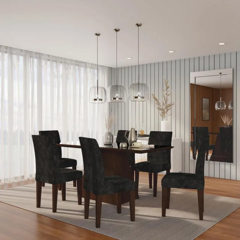 Conjunto de Mesa de Jantar Laura II com Vidro e 6 Cadeiras Grécia Suede Castor e Preto