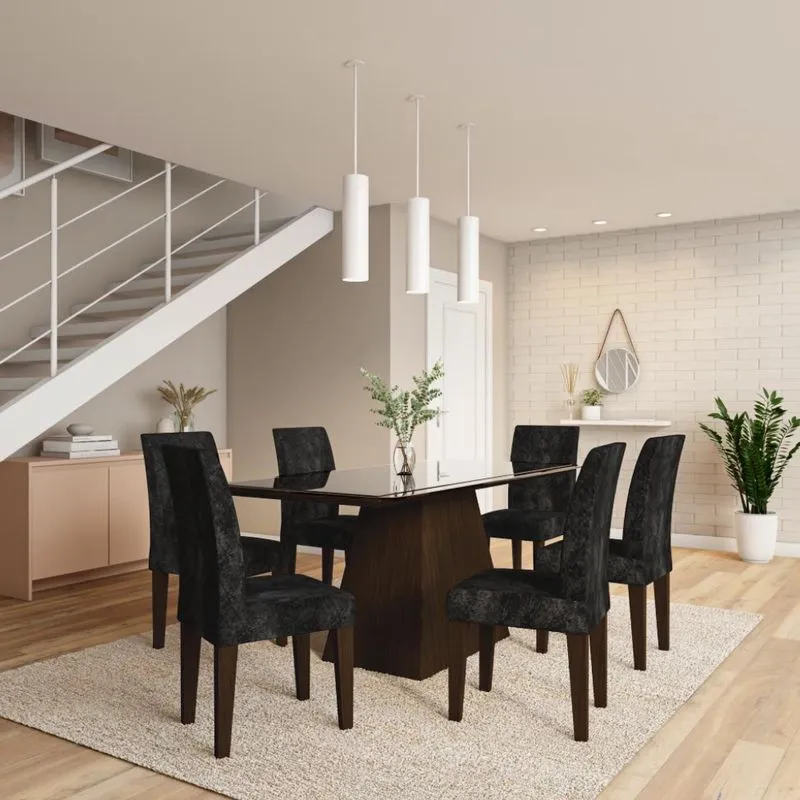 Conjunto de Mesa de Jantar Beatriz II com Vidro e 6 Cadeiras Grécia Suede Castor e Preto