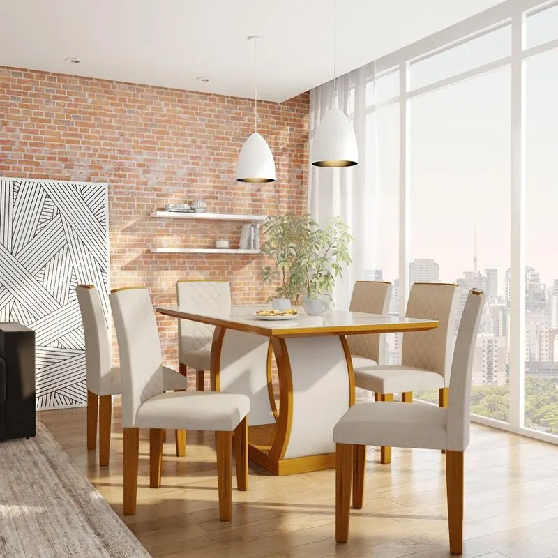 Conjunto de Mesa de Jantar com Vidro Mobly Olívia Veludo Imbuia e Creme 6 Cadeiras